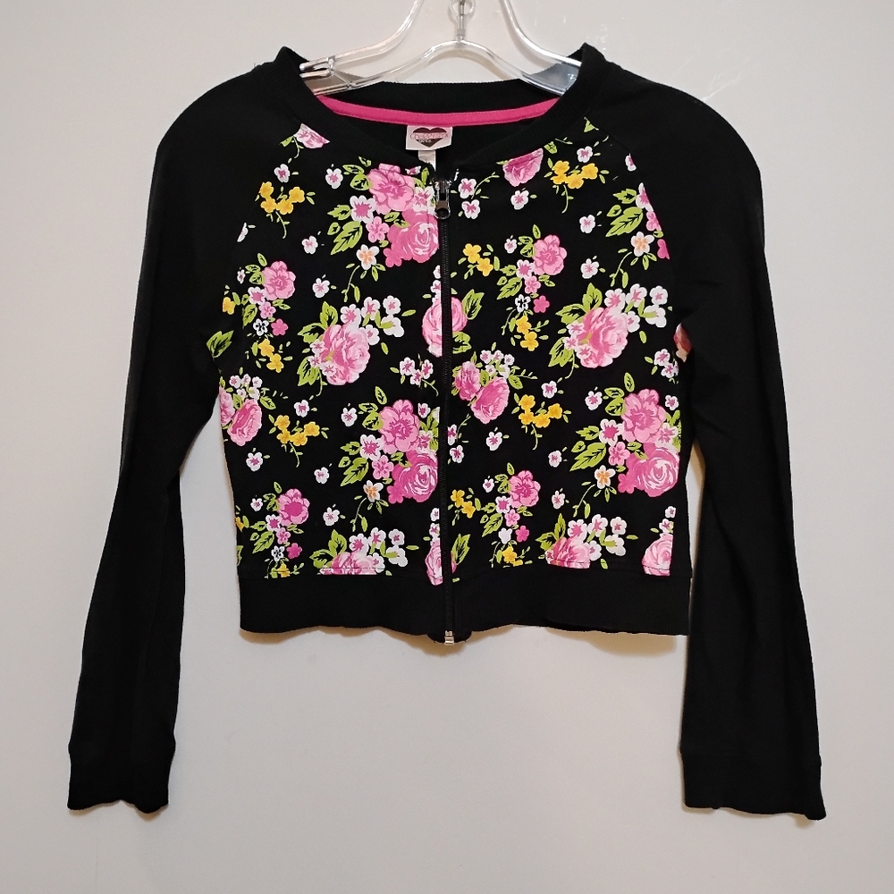 Floral Prints Zip-Up Cropped Black Blazer Girls L CHERRYSTYX 100% Cotton India